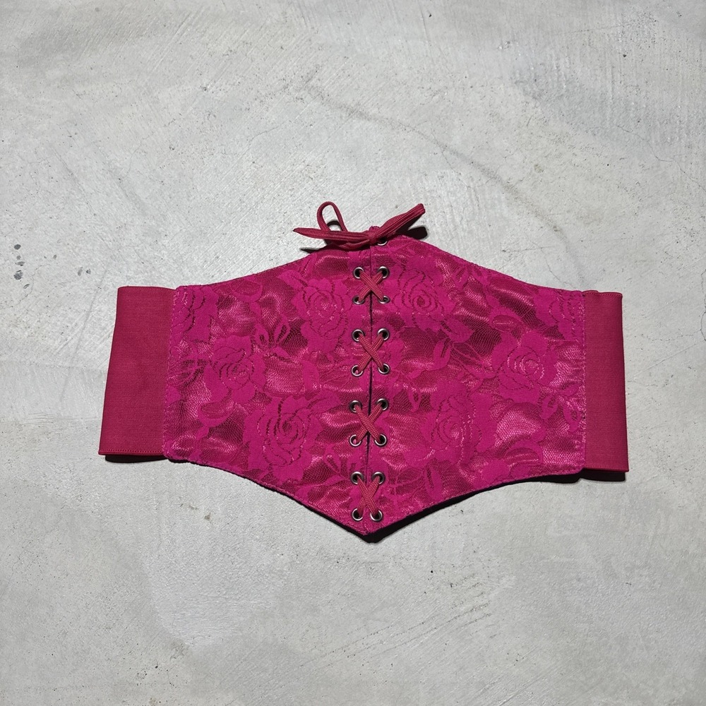 Lavish By Daisy Corset Bustier Large PVC Pink Floral Lace Up Front Sexy Lingerie